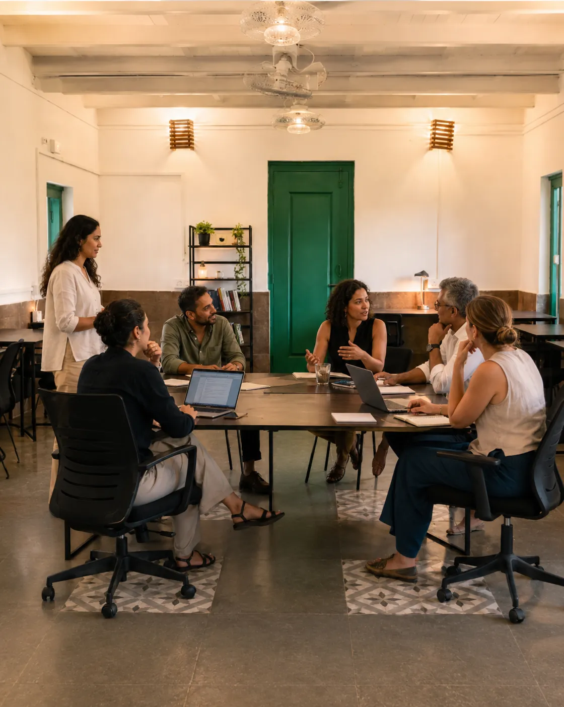 A small leadership team holding a strategy discussion in The Haven's coworking space in South Goa.