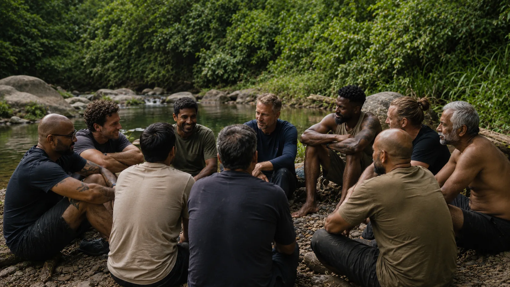 A circle of men in conversation on the banks of the Talpona river near The Haven Goa