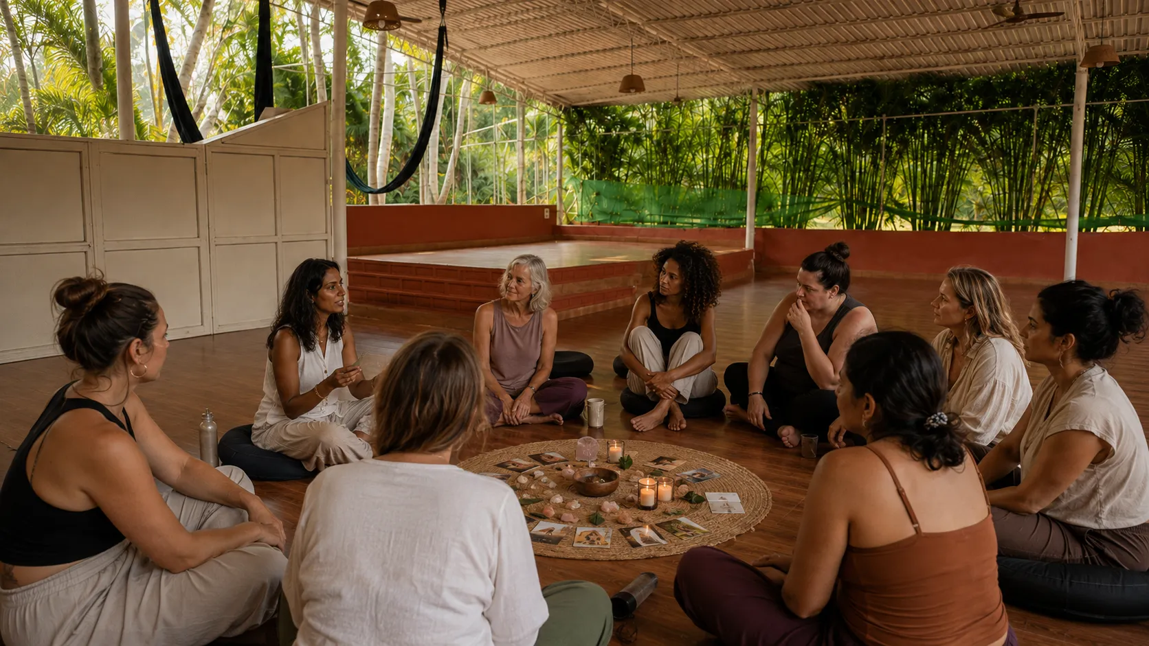 A diverse group of women sharing a facilitated women's circle in The Haven's open-air shala in South Goa.