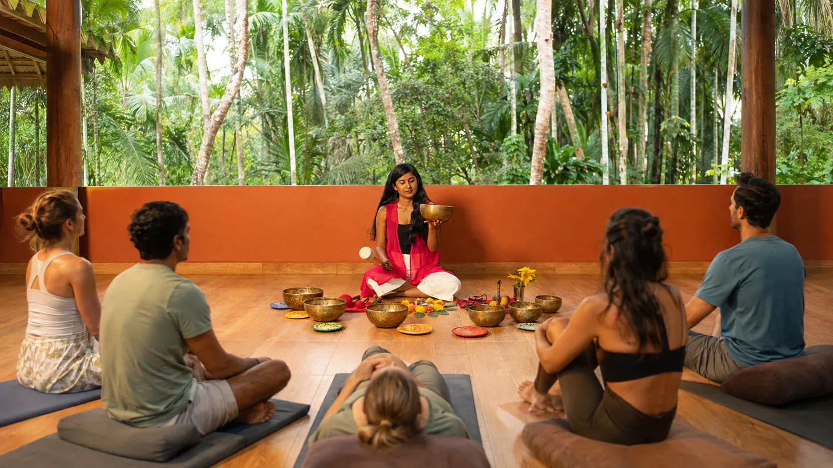 A facilitator guiding a sound-healing circle in the open-air shala at The Haven Goa