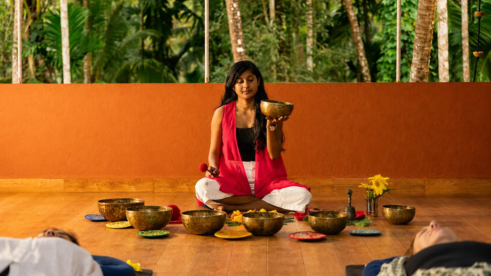 Facilitated singing-bowl sound healing experience at The Haven Goa in South Goa